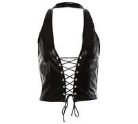 VIccoo Top Corto, Chaleco Hueco sin Mangas Punk sin Mangas de Las Mujeres Halter Backless Faux Leather con Cordones - Negro - S