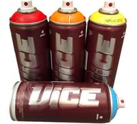 VICE MTN Spray Paint Professional, Set de 4 Botes de 400ml, Alta Presión, Secado Rápido, Colores Rojo, Naranja, Amarillo y Azul, para Arte Urbano y Graffiti