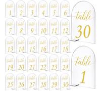 Vicenpal 30 juegos de letreros acrílicos en forma de arco, impresos dorados, 1-30 letreros de mesa con soportes, soporte transparente para exhibición de números de mesa para bodas, recepciones,
