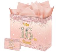 Vichona Bolsa de regalo de cumpleaños 16 y dulce 16 para niñas, regalos de cumpleaños 16, decoraciones para niñas, bolsa de regalo de cumpleaños de 16 años, tarjeta para hija, nieta, amigos