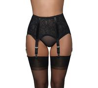 Vicky's Nylons Fashion4Passion Georgina, liguero con 6 correas, hecho a mano de encaje francés de Sophie Hallette, diseño retro de cintura, Negro , S