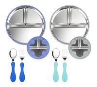 Vicloon 2 Piezas Platos de Acero Inoxidable con Ventosas para Bebé, Platos para Bebé con 2 Cuchara y Tenedor, Platos Divididos para el Método de Alimentación Autónoma, Sin BPA (Azul y Gris)