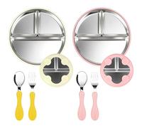 Vicloon 2 Piezas Platos de Acero Inoxidable con Ventosas para Bebé, Platos para Bebé con 2 Cuchara y Tenedor, Platos Divididos para el Método de Alimentación Autónoma, Sin BPA (Blanco roto y Rosa)
