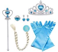 Vicloon 8 Piezas Conjunto con Accesorios de Princesa del Hielo Elsa, Contiene Guantes, Varita, Corona, Anillo, Pendientes y Trenza, para Halloween, Navidad, Fiestas, cumpleaños, Niña, 3-9 Años - Azul