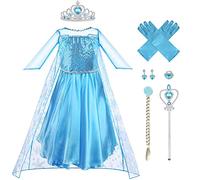 Vicloon 9 Piezas Princesas Elsa Disfraz, Vestido y Accesorios para Niñas de Corona Anillo Sceptre Collar Pendientes Guantes, Disfraz Princesa Niña con Accesorios de Cosplay，Vestido Princesa Elsa(100)