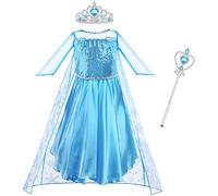 Vicloon 9 Piezas Princesas Elsa Disfraz, Vestido y Accesorios para Niñas de Corona Anillo Sceptre Collar Pendientes Guantes, Disfraz Princesa Niña con Accesorios de Cosplay，Vestido Princesa Elsa(110)