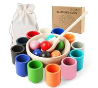 Vicloon Bolas en tazas, juguetes Montessori a partir de 3 años, 12 bolas de 29 mm, bolas de madera de arco iris en tazas, bolas de sensores para bebés, juegos de madera para contar y clasificar