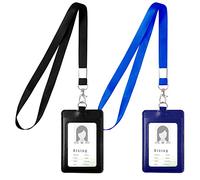 Vicloon Colgante de Tarjeta de Identificación PU, 2Pcs Soporte de Tarjeta ID de Doble, Caracuero Vertical Portatarjetas con Lanyard para Personal, Oficina (Negro&Azul Oscuro