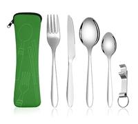Vicloon Cubiertos para Llevar, 6PCS Cubiertos Camping de Acero Inoxidable, Juego de Trabajo Cubiertos para Exteriores Viajes Camping,Juego de Cubiertos de Acero inoxidable verde-Luz