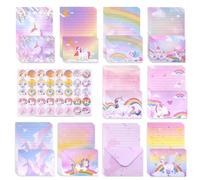 Vicloon Juego de Papel de Carta, 50 Hojas de Papel para Cartas y 50 A5 Sobres, 60 Etiqueta Engomada, Autoadhesivos, Papels de Letra, Sobre con Motivo para Sobres, Invitaciones, Regalos (Unicornio)