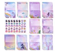 Vicloon Juego de Papel de Carta, 50 Hojas de Papel para Cartas y 50 A5 Sobres, 60 Etiqueta Engomada, Autoadhesivos, Papels de Letra, Sobre con Motivo para Sobres, Invitaciones, Regalos (Sirena)