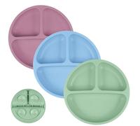 Vicloon Pack de 3 Platos de Silicona con Ventosa para Bebé, Platos de Bebé Divididos Antideslizantes, Cubiertos para Alimentación Infantil sin BPA, para Lavavajillas y Microondas (Verde/Rosa/Azul)
