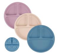 Vicloon Pack de 3 Platos de Silicona con Ventosa para Bebé, Platos de Bebé Divididos Antideslizantes, Cubiertos para Alimentación Infantil sin BPA, para Lavavajillas y Microondas (Azul/Rosa/Beige)