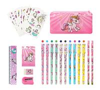 Vicloon Unicornio Papelería Regalo para Niña, 27 Piezas Set Estuche Escolar con Bolígrafos Gel y Tatuajes Pegatinas