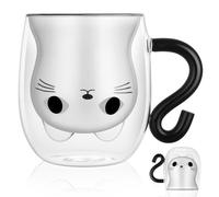 Vicloon Vasos de Doble Pared,Tazas de Café de Cristal con Asa,Tazas de Vidrio Borosilicato,Lindas Tazas de Gato Lindo de Las Tazas,Vasos de Doble Pared Transparente para Té,Café,Leche,Latte,Macchiato