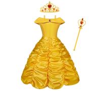Vicloon Vestido de Princesa Bella,3 Pcs Disfraz Princesa Niña con Accesorios,Niña Coronación Vestido,Disfraz Belle y Accesorios para Fiesta Cosplay,Navidad