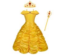 Vicloon Vestido de Princesa Bella,3 Pcs Disfraz Princesa Niña con Accesorios,Niña Coronación Vestido,Disfraz Belle y Accesorios para Fiesta Cosplay,Navidad