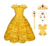 Vicloon Vestido de Princesa Bella,9 Pcs Disfraz Princesa Niña con Accesorios,Niña Coronación Vestido,Disfraz Belle y Accesorios para Fiesta Cosplay,Navidad