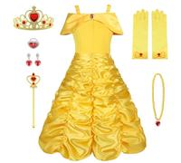 Vicloon Vestido de Princesa Bella, Disfraz Princesa Bella Niña con Corona, Varita, Aretes, Collar, Anillo y Guantes, Disfraz Belle y Accesorios para Fiesta Cosplay, Navidad
