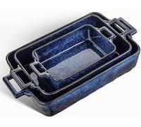 VICRAYS Juego de utensilios de cerámica para hornear, rectangular de porcelana, cacerola de lasaña, cacerola para cocinar, cocina, cena de pasteles, 3 unidades, 15.3x8.7 pulgadas (azul)