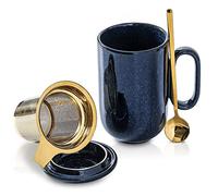 VICRAYS - Taza de té de cerámica con infusor grande de 16 onzas, taza de té con tapa de cuchara infusora de hojas, colador alto esmaltado, taza de café apta para microondas, color azul