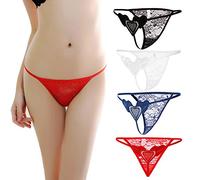 VicSec 4 Pack Braguitas Mujeres Sexy Encaje Fina, Erótica Tanga Suave G-String Atractiva Lencería Interior Espalda Decora Corazon Talla Única (Negro+Blanco+Rojo+Azul)