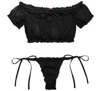 VicSec Conjunto de lencería sexy para mujer, conjunto de lencería transparente de encaje, conjunto de lencería con hombros descubiertos, sujetador y braguita con lunares push-up, ropa interior