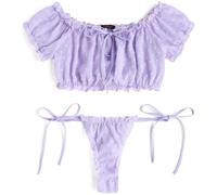 VicSec Conjunto de lencería sexy para mujer, conjunto de lencería transparente de encaje, conjunto de lencería con hombros descubiertos, sujetador y braguita con lunares push-up, ropa interior