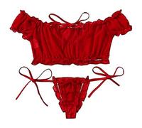 VicSec Conjunto de lencería sexy para mujer, conjunto de lencería transparente de encaje, conjunto de lencería con hombros descubiertos, sujetador y braguita con lunares push-up, ropa interior