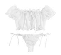 VicSec Conjunto de lencería sexy para mujer, conjunto de lencería transparente de encaje, conjunto de lencería con hombros descubiertos, sujetador y braguita con lunares push-up, ropa interior