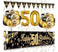 VICTERR 50 Cumpleaños Globos Decoracion, Oro Negro Pancartas Happy 50th Birthday Globos Número 50, Globos de Oro Negro, Globos de Confeti, Fuegos Artificiales, Bandera Triangular…