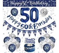 VICTERR Decoraciones de cumpleaños número 50 para hombres, pancarta azul y plateada de feliz 50 años, globos, confeti y cintas