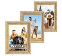 Victor Marcos de Fotos Vintage Rubens Oro Verde Set de 3-15x21 cm (A5) - Moldura: 30x20mm - Barroco - Antiguo - Marco 15x21 Oro - Vidrio Auténtico