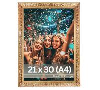 VictoR "Vermeer" Marco de fotos vintage, dorado, 21 x 30 cm (A4), marco barroco antiguo con cristal acrílico, parte trasera de MDF estable, para formato vertical y horizontal, marco de fotos A4