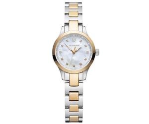 Victorinox Alliance XS Ø 28 mm Reloj de Pulsera de Mujer, Swiss Made, Cuarzo analógico, Sumergible hasta 100 m, Cristal de Zafiro, Pulsera de Acero Inoxidable, Blanco/Plateado/Dorado Rosa