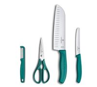 Victorinox Classic Set de Cocina, 4 Piezas, Incluye Pelador, Tijeras, Cuchillo Santoku y Cuchillo para Tomates, Hojas Afiladas, 7-17 cm, Mangos de Plástico, Verde