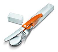 Victorinox Classic Set de cubiertos de picnic, 3 piezas, cubiertos de viaje con cuchillo plegable, tenedor y cuchara, mango de plástico robusto, naranja
