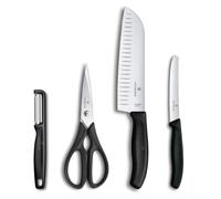 Victorinox Classic Set profesional de cuchillos, 4 piezas: cuch. para pelar, tijeras, Santoku y de mesa, hoja afilada, 7-17 cm, mango de plástico robusto, negro