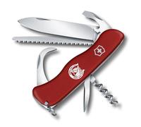 Victorinox Equestrian Navaja Suiza, Cuchillo de Bolsillo, 12 Funciones | Navaja multiuso con sierra para madera y limpiacascos para hípica, 111 mm, mango de poliamida rojo, Swiss Made