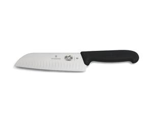 Victorinox Fibrox Cuchillo Santoku con hendiduras, cuchillo de cocina japonés para carne, pescado y verdura, 17 cm, afilado, acero inoxidable, negro
