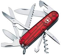 Victorinox Huntsman, Swiss Army Knife, Navaja suiza multiusos con 15 funciones, incluyendo tijeras, sierra para madera y sacacorchos, Rojo Transparente