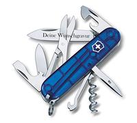 Victorinox Navaja Escalador con Petición Grabado en La Hoja I Regalo para Hombres Mujer I para Cumpleaños I Suiza Navaja Personalizada con 14 Funciones 1.3703 - Azul Transparente, 91x27x18 mm