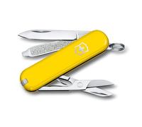 Victorinox Navaja Suiza Classic SD, Multiuso con 7 Funciones, Amarilla | Navaja de bolsillo con tijeras, lima de uñas y hoja pequeña para uso diario. Medidas 58 x 18 x 9 mm. Hecha en Suiza