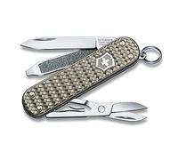 VICTORINOX Navaja suiza de bolsillo Classic Precious Alox, 5 funciones, multiherramienta con tijeras, destornillador, llavero, incl. estuche de regalo, gris infinito