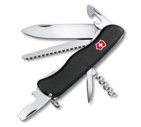 VICTORINOX Navaja suiza de bolsillo Forester, 12 funciones, multiherramienta con hoja grande, abrelatas, destornillador 3 mm, hoja bloqueable, negro