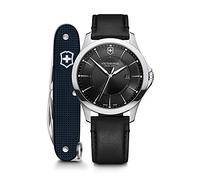 Victorinox Set Compuesto por Alliance Ø 40 mm Reloj de Pulsera de Hombre y Navaja de Bolsillo Suiza, Swiss Made, Cuarzo analógico, Sumergible hasta 100 m, Pulsera de Piel, Negro