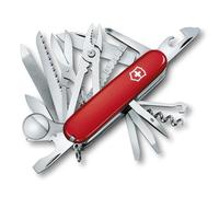 Victorinox Swiss Army Knife Swiss Champ Navaja Multiusos 33 Funciones | Herramienta EDC para camping y pesca con alicates, tijeras y lupa, cacha roja de 91 mm, estuche de cuero, Swiss Made