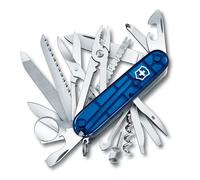 Victorinox Swiss Champ, Swiss Army Knife, Navaja suiza multiusos con 33 funciones, incluyendo alicates combinados, tijeras y lupa, de color azul transparente