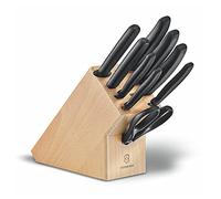 VICTORINOX Swiss Classic Bloque de cuchillos de madera, 9 piezas, contiene 8 cuchillos y 1 tijera multiusos, almacenamiento, madera de haya clara