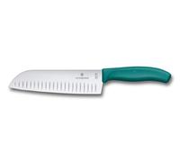 Victorinox Swiss Classic Cuchillo Santoku, Cuchillo estilo asiático, Hoja extra afilada, Filo biselado, 17 cm, Acero inoxidable, Blister, Verde